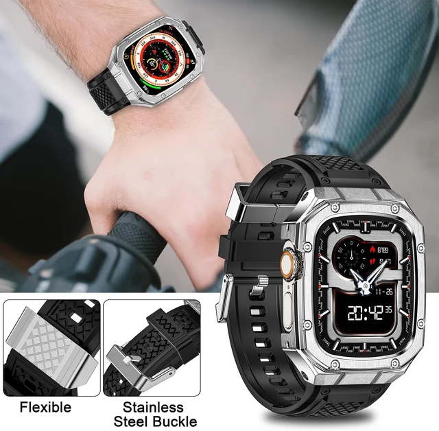 Alt view image 2 of 7 - SUPLINK for Apple Watch Ultra 2 Bands/4/1/Apple Ultra Watch 3 Bands for Men
Silicone Band with Stainless Steel Rugged Case Protective Bumper for iWatch Bands Men, Gold Silver-49