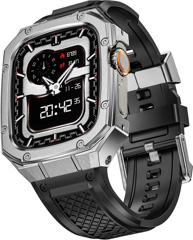 Main image of SUPLINK for Apple Watch Ultra 2 Bands/4/1/Apple Ultra Watch 3 Bands for Men
Silicone Band with Stainless Steel Rugged Case Protective Bumper for iWatch Bands Men, Gold Silver-49