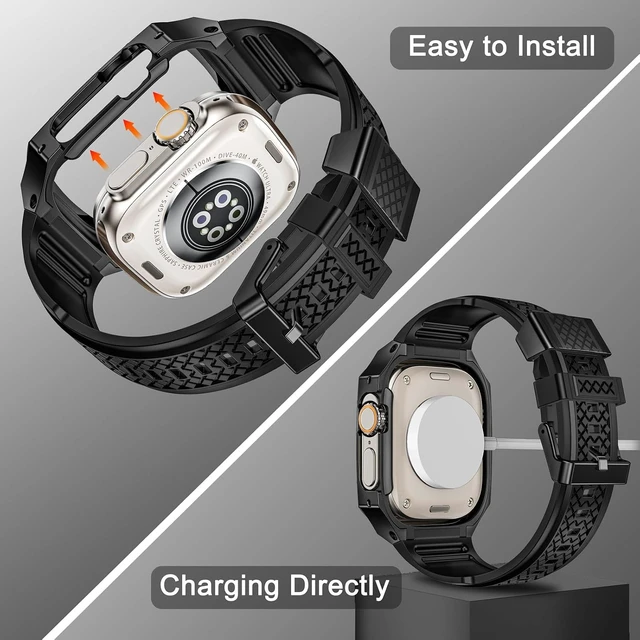 Alt view image 5 of 7 - SUPLINK for Apple Watch Ultra 2 Bands/4/1/Apple Ultra Watch 3 Bands for Men
Silicone Band with Stainless Steel Rugged Case Protective Bumper for iWatch Bands Men, Gold Black-49