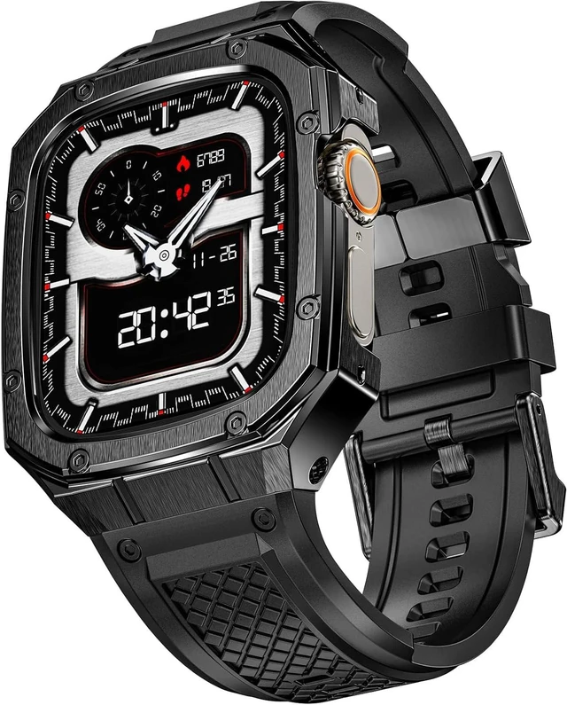 Main image of SUPLINK for Apple Watch Ultra 2 Bands/4/1/Apple Ultra Watch 3 Bands for Men
Silicone Band with Stainless Steel Rugged Case Protective Bumper for iWatch Bands Men, Gold Black-49