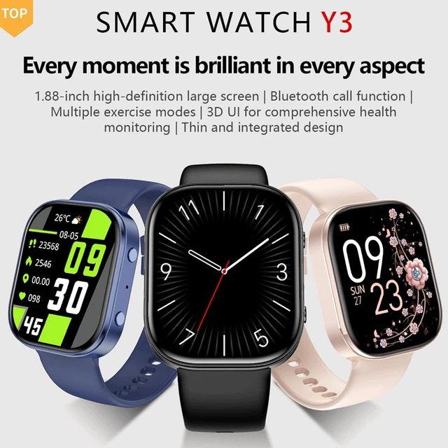 Alt view image 2 of 3 - Y3 Smart Watch, 1.88" HD Large TFT Touch Screen, IP67 Waterproof, Bluetooth Calling, Heart Rate & SpO2 Blood Oxygen Monitor, Multiple Sports Modes, Slim Design, Blue/Black/Pink