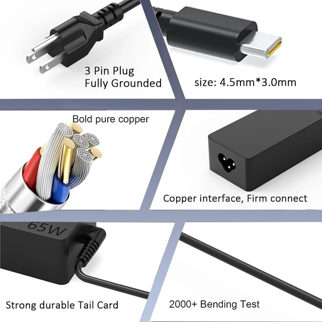 Alt view image 5 of 6 - Replacement for 65W Lenovo Laptop Charger USB CCompatible with Lenovo ThinkPad T480s T580s T490 E480 E580 Chromebook C330 S330 100e 300e 500e,Yoga C930 C940 720 Power Cord