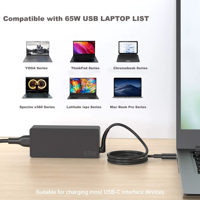 Alt view image 4 of 6 - Replacement for 65W Lenovo Laptop Charger USB CCompatible with Lenovo ThinkPad T480s T580s T490 E480 E580 Chromebook C330 S330 100e 300e 500e,Yoga C930 C940 720 Power Cord