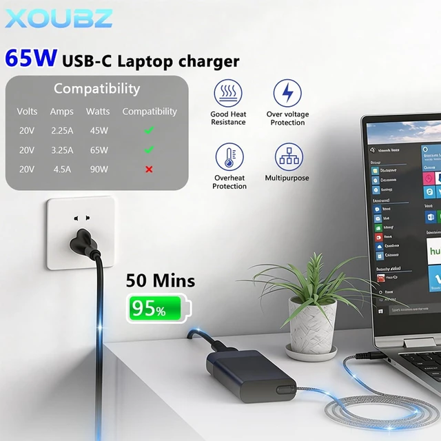 Alt view image 5 of 7 - 65W USB C Laptop Charger Compatible with HP Laptop Spectre X360,Elitebook X360,Omnibook,Pavilion, Envy,Elite x2,Chromebook,Zbook,ProBook Type C Computer AC Adapter