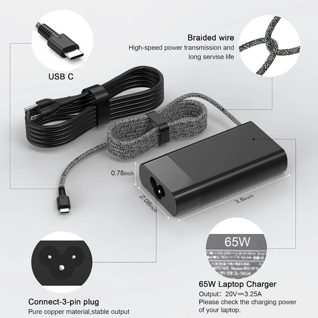 Alt view image 2 of 7 - 65W USB C Laptop Charger Compatible with HP Laptop Spectre X360,Elitebook X360,Omnibook,Pavilion, Envy,Elite x2,Chromebook,Zbook,ProBook Type C Computer AC Adapter