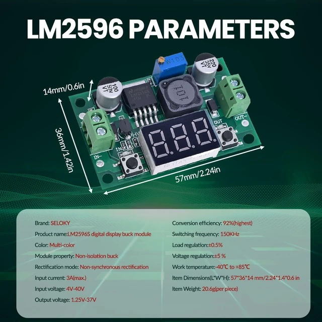 Alt view image 5 of 7 - 10PCS LM2596 DC-DC Buck Power Converter Module, Adjustable Voltage Regulator 4-40V to 1.25-37V Buck Converter with LED Voltmeter Display