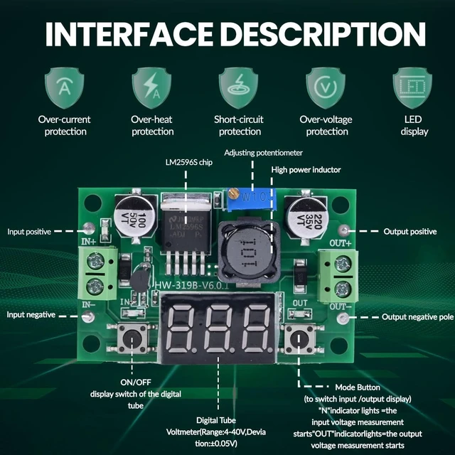 Alt view image 6 of 7 - 10PCS LM2596 DC-DC Buck Power Converter Module, Adjustable Voltage Regulator 4-40V to 1.25-37V Buck Converter with LED Voltmeter Display