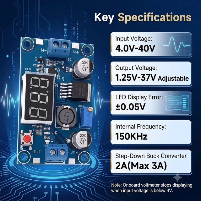 Alt view image 4 of 7 - 10PCS LM2596 DC-DC Buck Converter Module Adjustable Step-Down Vol with LED
Regulator 4.0-40V Input to 1.25-37V Output, 3A Peak Power Module with LED Voltmeter Display