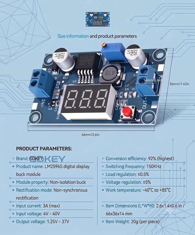 Alt view image 2 of 7 - 10PCS LM2596 DC-DC Buck Converter Module Adjustable Step-Down Vol with LED
Regulator 4.0-40V Input to 1.25-37V Output, 3A Peak Power Module with LED Voltmeter Display