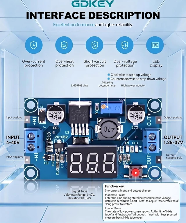 Alt view image 3 of 7 - 10PCS LM2596 DC-DC Buck Converter Module Adjustable Step-Down Vol with LED
Regulator 4.0-40V Input to 1.25-37V Output, 3A Peak Power Module with LED Voltmeter Display