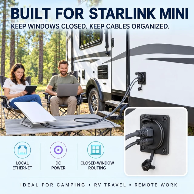 Alt view image 2 of 7 - 2 in1 Wall Pass Through Socket, RJ45 & DC Port, for Starlink Mini Gen3/4/4X
IP67 waterproof aluminum bulkhead panel connector combines ethernet and DC port in one socket,for rv boat trailer use