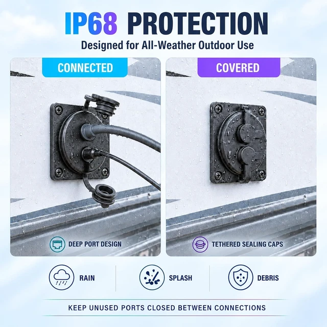Alt view image 3 of 7 - 2 in1 Wall Pass Through Socket, RJ45 & DC Port, for Starlink Mini Gen3/4/4X
IP67 waterproof aluminum bulkhead panel connector combines ethernet and DC port in one socket,for rv boat trailer use