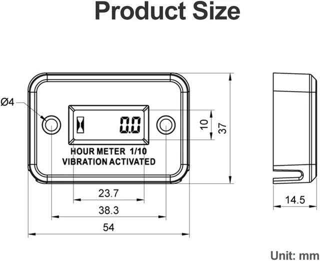 Alt view image 5 of 5 - Vibration Hour Meter Gauge for Engine, Generator & Lawn Mower,No wiring, battery powered, waterproof construction, 0.1hr LCD gauge, max 99999hrs, Ø4mm mounting holes