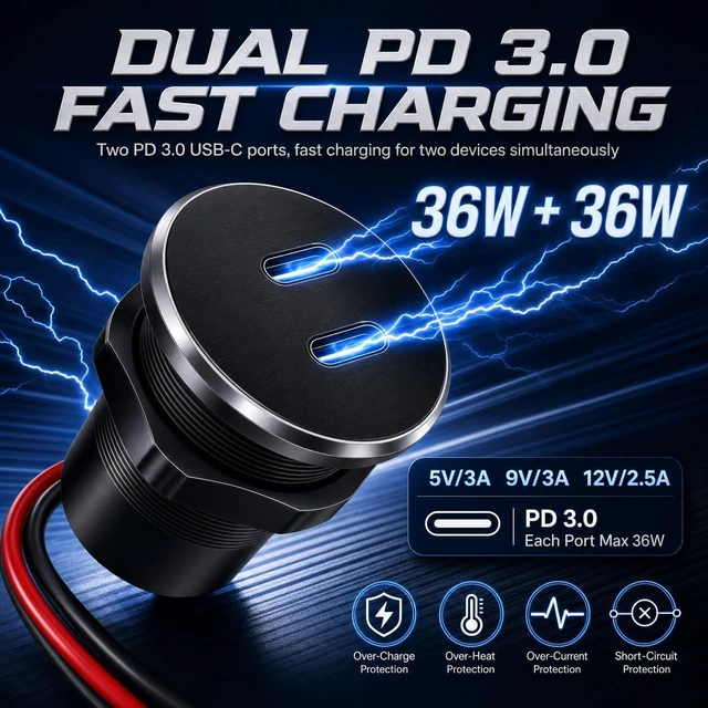 Alt view image 3 of 7 - 2PCS Vadaxx Aluminum 12V RV USB Outlet Wall Mount Recessed Panel Car Plug
Dual 36W PD3.0 Type-C Fast Charger Port, 12/24V, Cigarette Lighter Socket Replacement, Automotive Power Plug Adapter for Boat