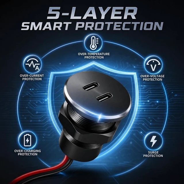 Alt view image 4 of 7 - 2PCS Vadaxx Aluminum 12V RV USB Outlet Wall Mount Recessed Panel Car Plug
Dual 36W PD3.0 Type-C Fast Charger Port, 12/24V, Cigarette Lighter Socket Replacement, Automotive Power Plug Adapter for Boat