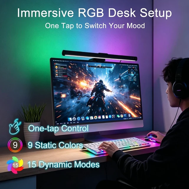 Alt view image 3 of 6 - 16.6" RGB Monitor Light Bar, LED Lighting for Flat Computer Monitors
LED anti-glare monitor lighting eases eye fatigue, RGB modes, scratch-proof clip, adjustable brightness, USB plug & play