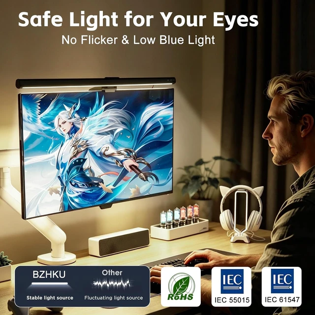 Alt view image 4 of 6 - 16.6" RGB Monitor Light Bar, LED Lighting for Flat Computer Monitors
LED anti-glare monitor lighting eases eye fatigue, RGB modes, scratch-proof clip, adjustable brightness, USB plug & play