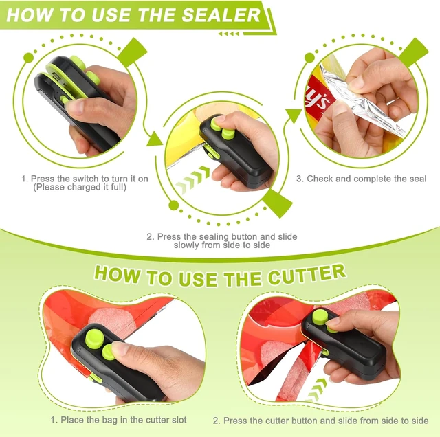 Alt view image 7 of 7 - Mini Bag Sealer, Votozi 2 in 1 Rechargeable Heat Sealer and Cutter with Magnet, Portable Chip Bag Sealer for Plastic Bags Food Storage Snacks Freshness (Black)