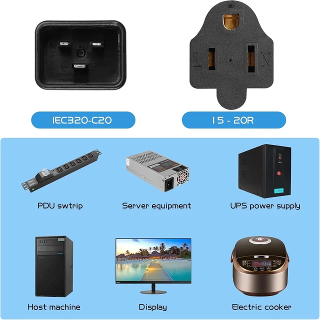 Alt view image 5 of 6 - IEC C20 to NEMA 5-15R Power Adapter, 10Pack
15A 125V, NEMA 5-15P to C20, AC Power Converter, For PDUs and Network Equipment