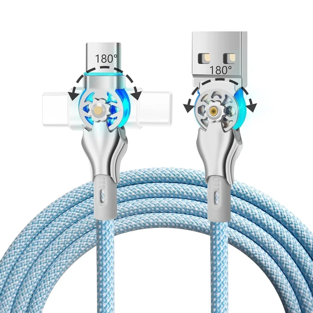 Main image of Dual 180° Rotating USB Type C Cable 6.6FT 65WUSB A to USB C, Nylon Braided, Fast Charging & Data Transfer, For USB C, Type C Laptop/Tablet/Phone-5PCS