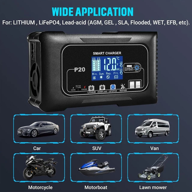Alt view image 6 of 7 - Battery Charger 0-20A,12V/24V Lithium Battery Charger for LIFePo4,Lead Acid,AGM,RV,Marine,Boat, and Deep Cycle Batteries,9 Stage with Pulse Repair,Smart Car Trickle Charger & Maintainer