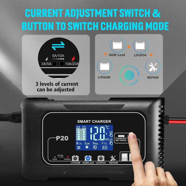 Alt view image 5 of 7 - Battery Charger 0-20A,12V/24V Lithium Battery Charger for LIFePo4,Lead Acid,AGM,RV,Marine,Boat, and Deep Cycle Batteries,9 Stage with Pulse Repair,Smart Car Trickle Charger & Maintainer