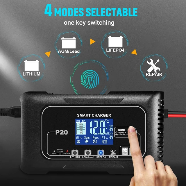 Alt view image 7 of 7 - Battery Charger 0-20A,12V/24V Lithium Battery Charger for LIFePo4,Lead Acid,AGM,RV,Marine,Boat, and Deep Cycle Batteries,9 Stage with Pulse Repair,Smart Car Trickle Charger & Maintainer
