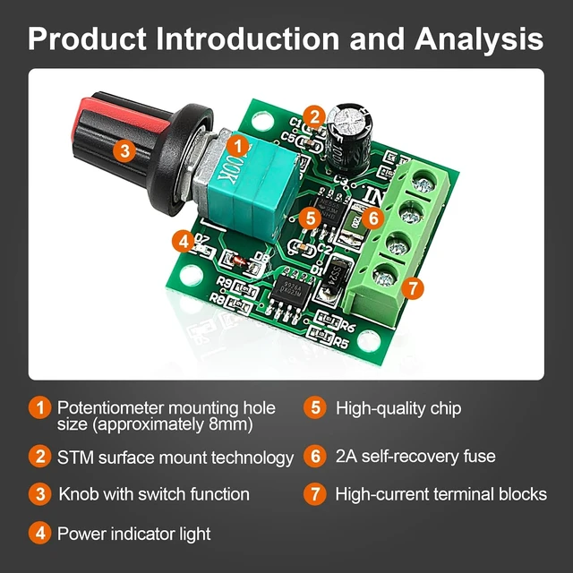 Alt view image 2 of 6 - 10Pack PWM Speed Controller Adjustable Driver Switch Low Voltage DC
Motor Speed Controller, with Speed Control Knob 1.8V 3V 5V 6V 12V 2A 30W