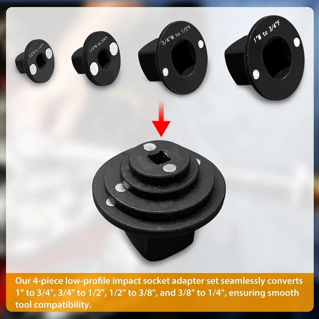 Alt view image 3 of 6 - RULLINE 4Pc Low Profile Socket Adapter Set 1" to 1/4", Cr-Moly
4-Piece Low Profile Impact Socket Adapter Set Magnetic Insert Cr-Moly Steel Rust-Resistant Drive Converter 1" to 1/4"