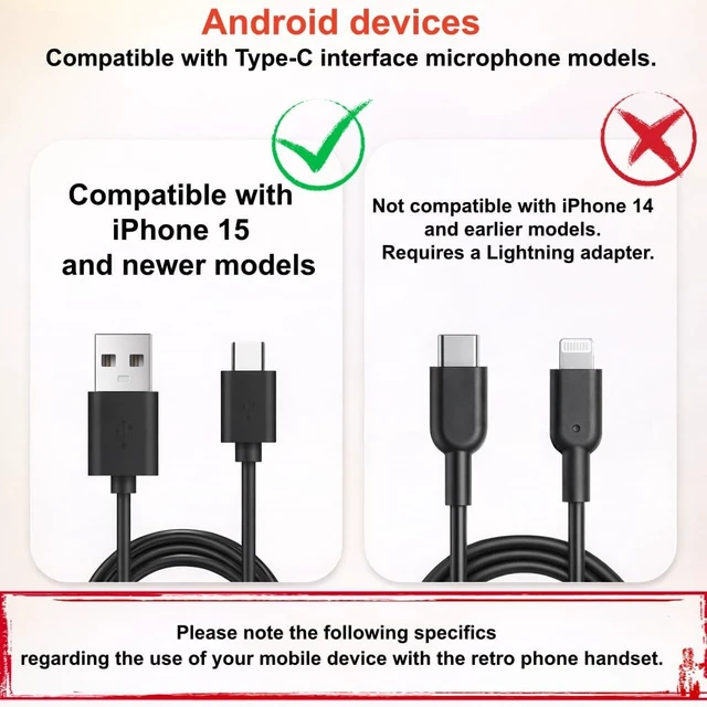Alt view image 5 of 7 - Retro Phone Handset for iPhone 15 & Later, USB-C (Type-C) Vintage Telephone Receiver, Clear Audio Plug & Play for Calls & Video Chats (Black)
