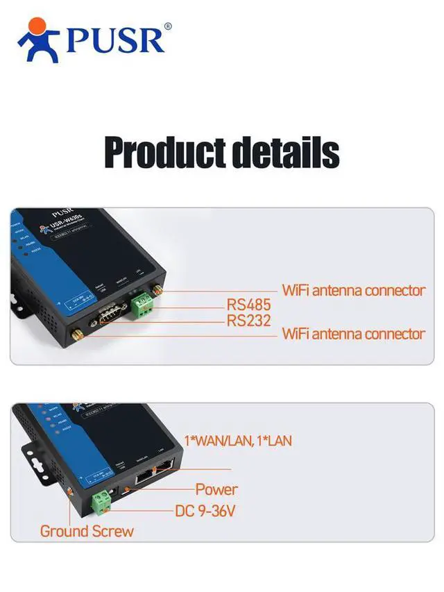 Alt view image 4 of 7 - PUSR Industrial Grade Dual Band WIFi5 Wireless Client Modbus Gateway MQTT 2 Ethernet ports Serial RS232 RS485 to WiFi Converter USR-W630s