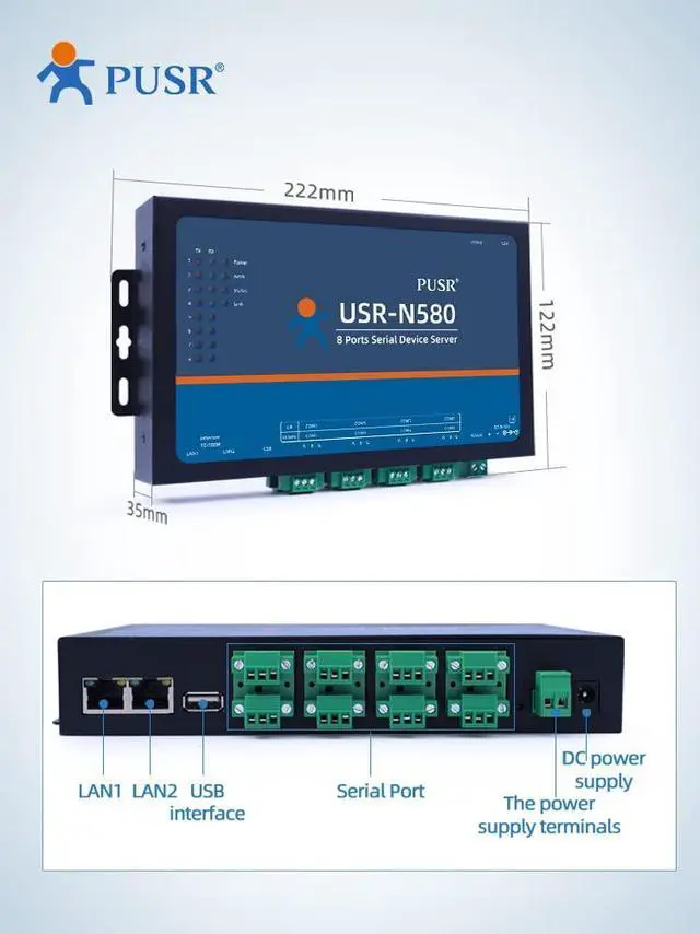 Alt view image 3 of 6 - PUSR Multi 8 Ports RS485 to Ethernet Converter Support MQTT Modbus Gateway SSL/TLS Edge Computing Serial Device Server USR-N580