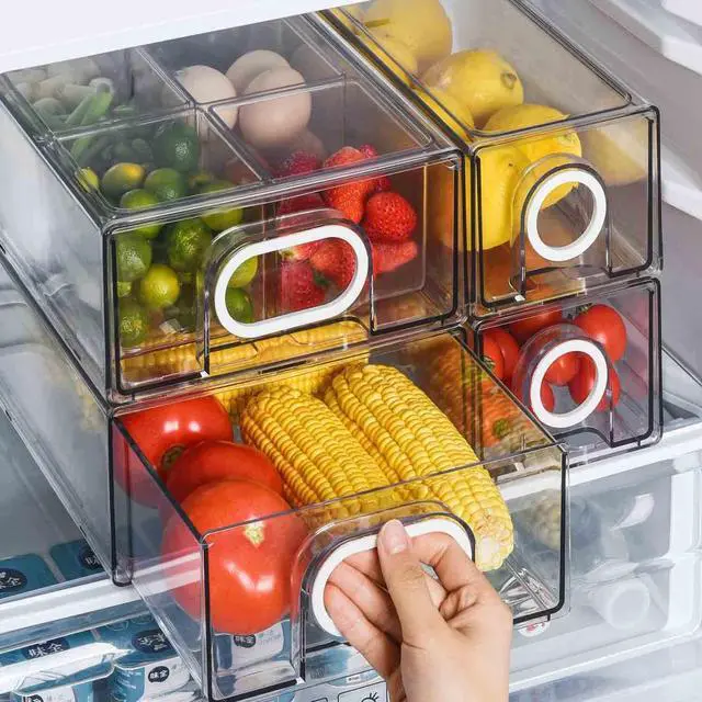 Main image of 6 PCS Refrigerator Organizers And Storage Stackable Storage Drawers, Large Heavy Duty Fridge Organizer Bins Pull Out Refrigerator Organizer Bins, White Handle, 3 Drawers And 3 Small Cubes