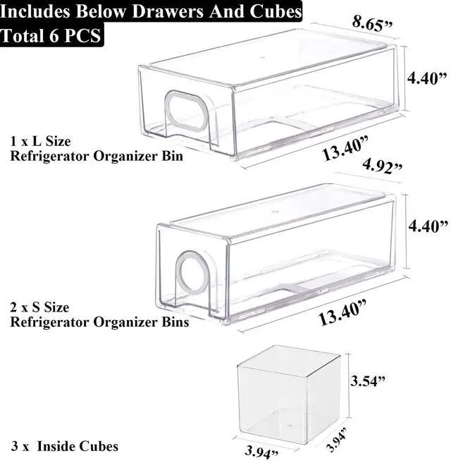 Alt view image 2 of 7 - 6 PCS Refrigerator Organizers And Storage Stackable Storage Drawers, Large Heavy Duty Fridge Organizer Bins Pull Out Refrigerator Organizer Bins, White Handle, 3 Drawers And 3 Small Cubes