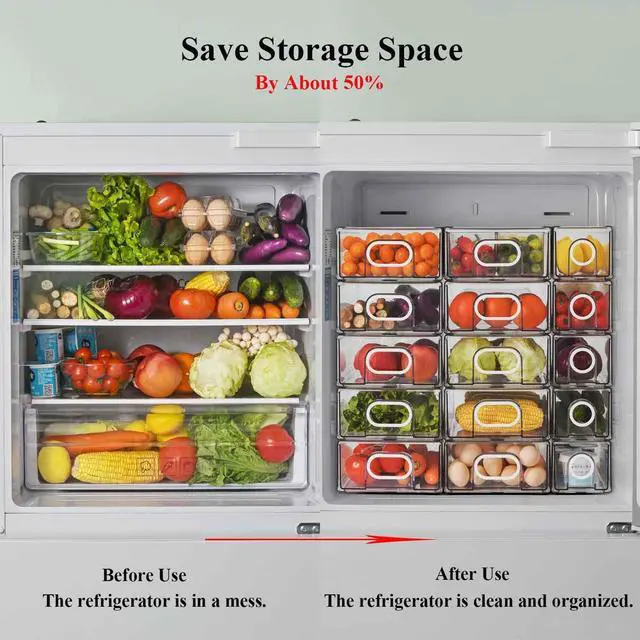 Alt view image 3 of 7 - 6 PCS Refrigerator Organizers And Storage Stackable Storage Drawers, Large Heavy Duty Fridge Organizer Bins Pull Out Refrigerator Organizer Bins, White Handle, 3 Drawers And 3 Small Cubes