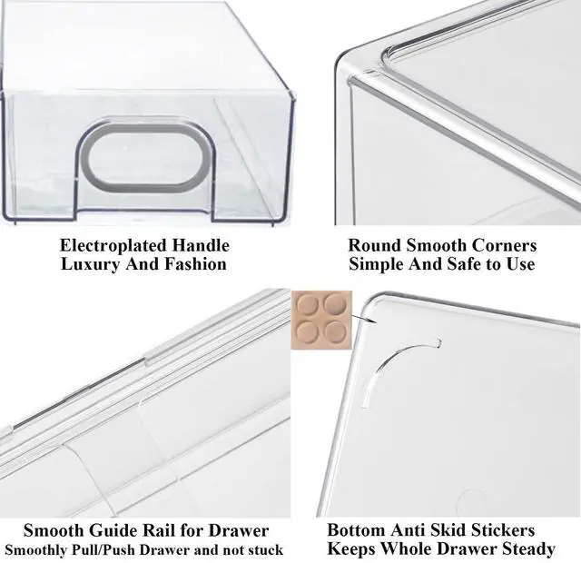 Alt view image 5 of 7 - 6 PCS Refrigerator Organizers And Storage Stackable Storage Drawers, Large Heavy Duty Fridge Organizer Bins Pull Out Refrigerator Organizer Bins, White Handle, 3 Drawers And 3 Small Cubes