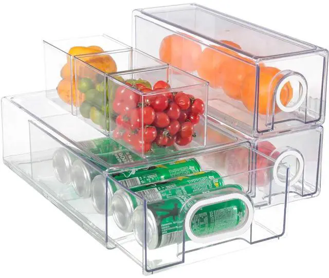 Alt view image 7 of 7 - 6 PCS Refrigerator Organizers And Storage Stackable Storage Drawers, Large Heavy Duty Fridge Organizer Bins Pull Out Refrigerator Organizer Bins, White Handle, 3 Drawers And 3 Small Cubes