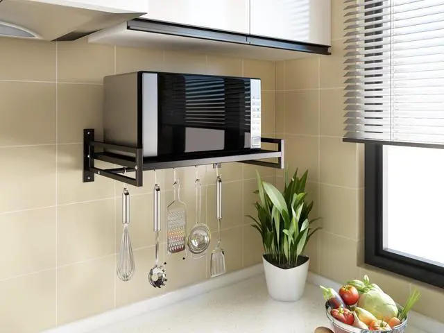 Alt view image 4 of 7 - ABCOOL Wall Mount Microwave Oven Shelf Rack for Kitchen Home, Black Carbon Steel Counter Countertop Holder with Hook Rail and 3 Slidable Hooks
