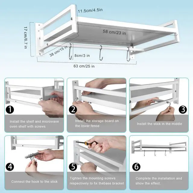 Alt view image 6 of 7 - ABCOOL Wall Mount Microwave Oven Shelf Rack for Kitchen Home, Black Carbon Steel Counter Countertop Holder with Hook Rail and 3 Slidable Hooks