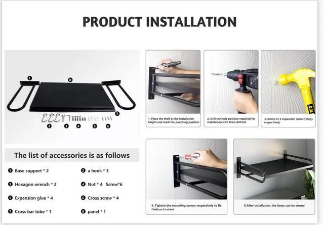 Alt view image 7 of 7 - ABCOOL Wall Mount Microwave Oven Shelf Rack for Kitchen Home, Black Carbon Steel Counter Countertop Holder with Hook Rail and 3 Slidable Hooks