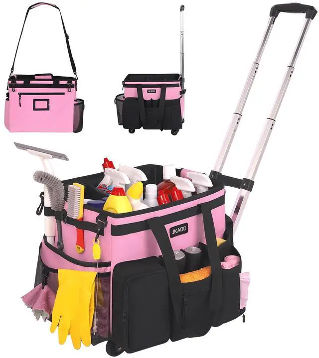 Main image of JKAOO Large Rolling Cleaning Caddy Bag with Detachable Trolley, Waterproof Cleaning Caddy on Wheels for Housekeepers, Cleaning Cart Supplies Organizer for Home,Car,Office,Picnic (Pink) (Patented)