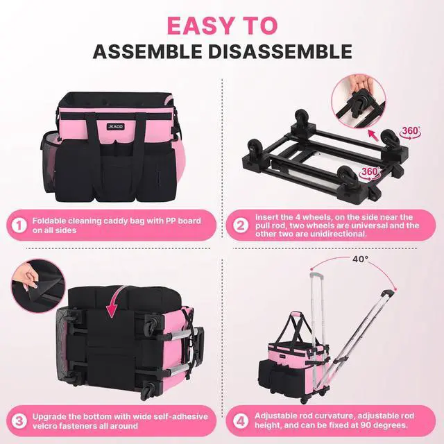 Alt view image 4 of 7 - JKAOO Large Rolling Cleaning Caddy Bag with Detachable Trolley, Waterproof Cleaning Caddy on Wheels for Housekeepers, Cleaning Cart Supplies Organizer for Home,Car,Office,Picnic (Pink) (Patented)