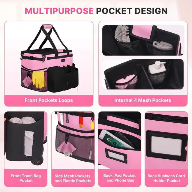 Alt view image 5 of 7 - JKAOO Large Rolling Cleaning Caddy Bag with Detachable Trolley, Waterproof Cleaning Caddy on Wheels for Housekeepers, Cleaning Cart Supplies Organizer for Home,Car,Office,Picnic (Pink) (Patented)