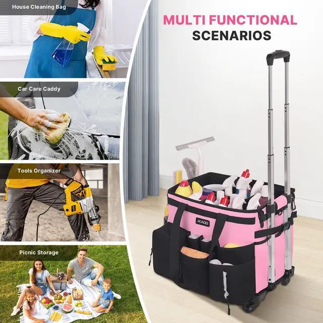 Alt view image 7 of 7 - JKAOO Large Rolling Cleaning Caddy Bag with Detachable Trolley, Waterproof Cleaning Caddy on Wheels for Housekeepers, Cleaning Cart Supplies Organizer for Home,Car,Office,Picnic (Pink) (Patented)