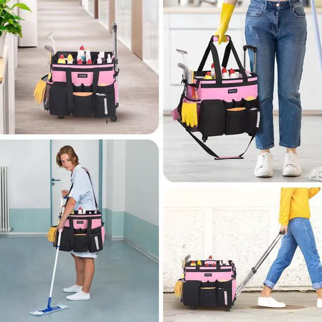 Alt view image 6 of 7 - JKAOO Large Rolling Cleaning Caddy Bag with Detachable Trolley, Waterproof Cleaning Caddy on Wheels for Housekeepers, Cleaning Cart Supplies Organizer for Home,Car,Office,Picnic (Pink) (Patented)