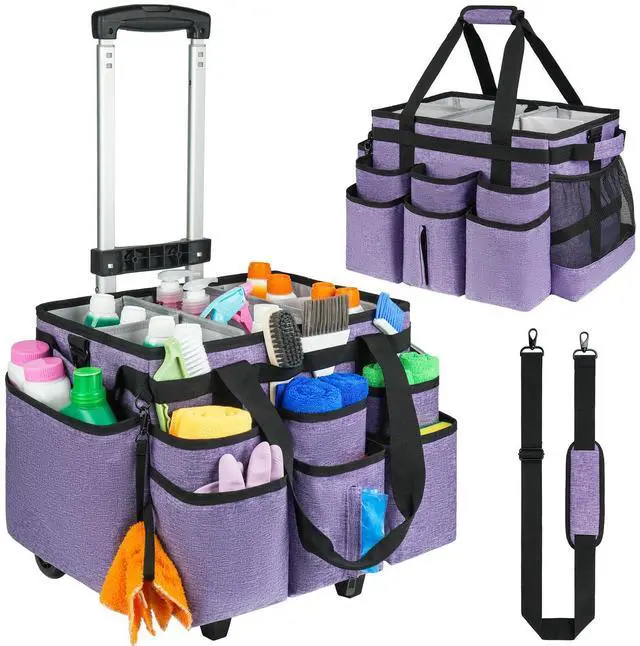 Main image of ZIOZERTT Large Rolling Cleaning Caddy Bag with Detachable Trolley,Cleaning Cart on Wheels with Shoulder Strap,Cleaning Supplies Organizer for Housekeepers,Purple