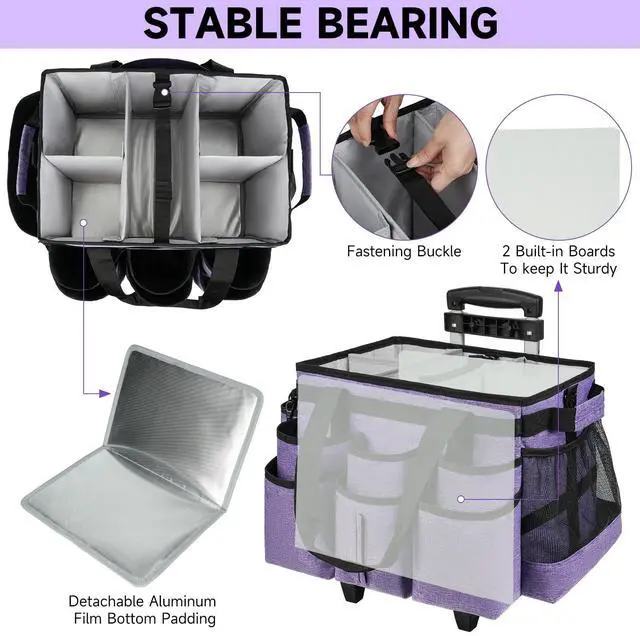 Alt view image 2 of 7 - ZIOZERTT Large Rolling Cleaning Caddy Bag with Detachable Trolley,Cleaning Cart on Wheels with Shoulder Strap,Cleaning Supplies Organizer for Housekeepers,Purple