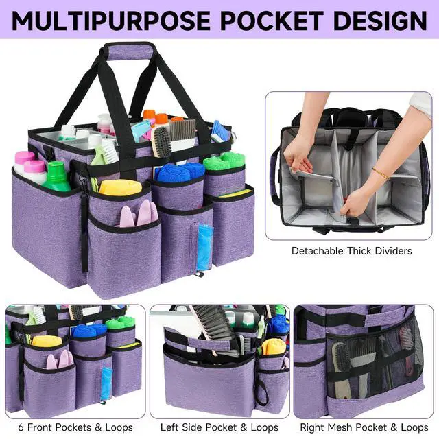 Alt view image 3 of 7 - ZIOZERTT Large Rolling Cleaning Caddy Bag with Detachable Trolley,Cleaning Cart on Wheels with Shoulder Strap,Cleaning Supplies Organizer for Housekeepers,Purple