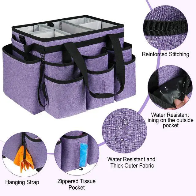 Alt view image 4 of 7 - ZIOZERTT Large Rolling Cleaning Caddy Bag with Detachable Trolley,Cleaning Cart on Wheels with Shoulder Strap,Cleaning Supplies Organizer for Housekeepers,Purple