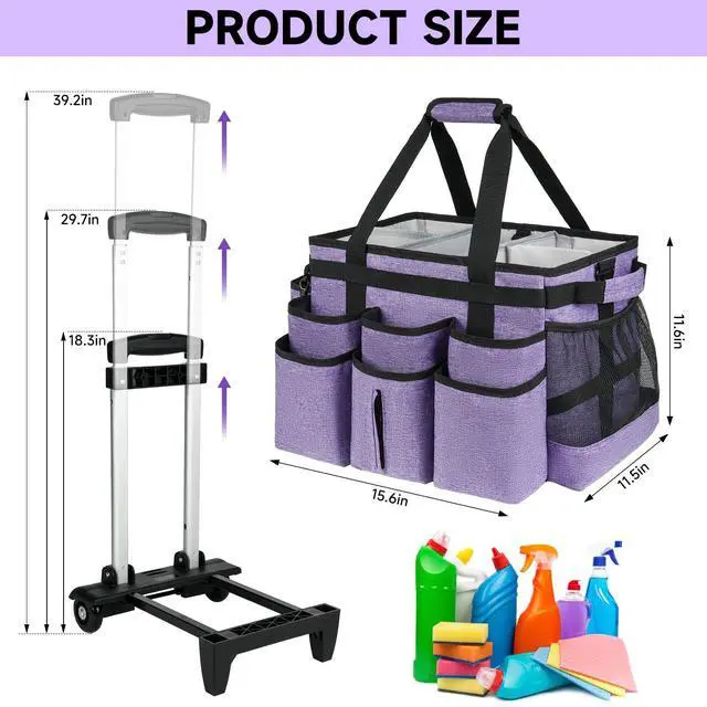 Alt view image 5 of 7 - ZIOZERTT Large Rolling Cleaning Caddy Bag with Detachable Trolley,Cleaning Cart on Wheels with Shoulder Strap,Cleaning Supplies Organizer for Housekeepers,Purple